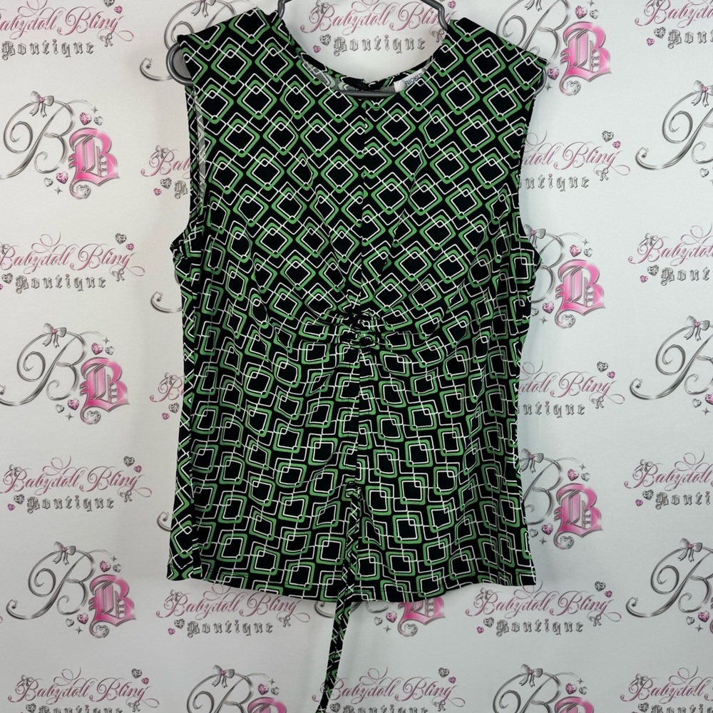 Ricki's tank top cinch tie up front square Black and Green Geometric Blouse